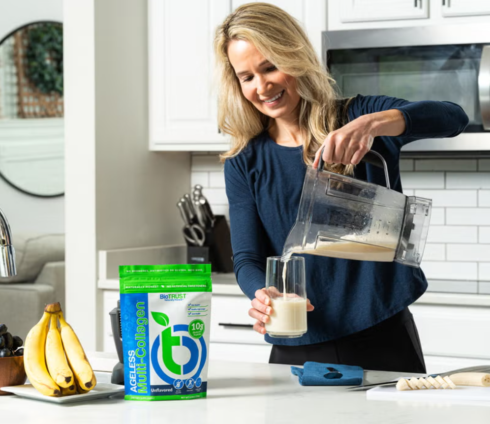 BioTrust Ageless Multi-Collagen powder pouch beside a cup of coffee on a kitchen counter